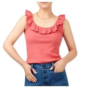 J CREW Pink Coral Ruffle-Neck Ribbed Tank Top Stretch Sleeveless Women's XS NWT